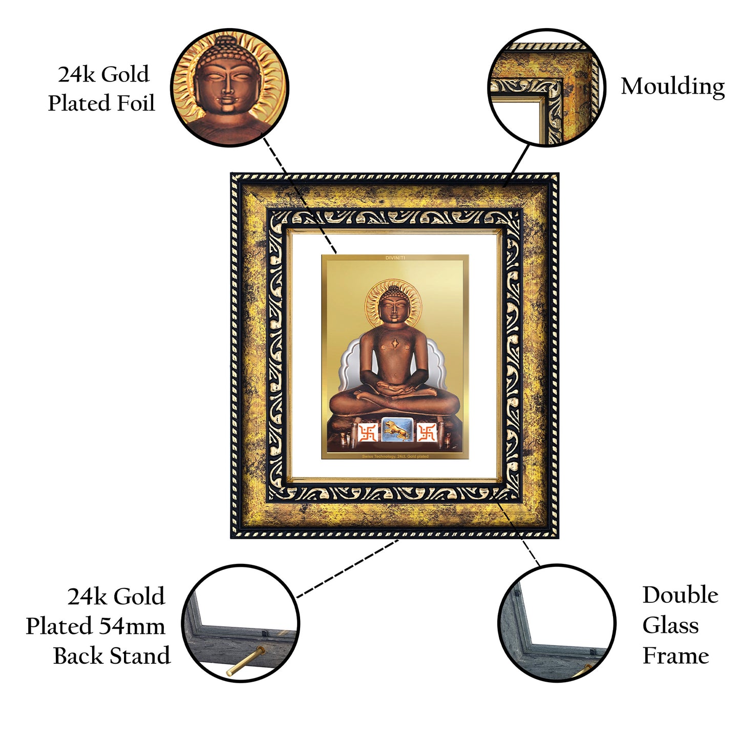 DIVINITI 24K Gold Plated Mahavira Luxurious Photo Frame Idol for Home Wall Decor, Workshop, Table Top, Premium Gift|DG113 Size 2 (22.6x18.4 CM)