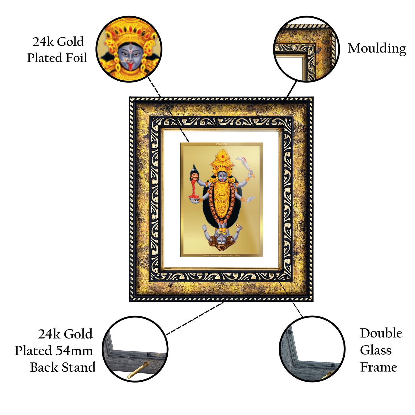 DIVINITI 24K Gold Plated Maa Kali Modern Photo Frame Idol for Wall Hanging, Workshop, Table Top, Home Decor, Luxury Gift|DG113 Size 2 (22.6x18.4 CM)