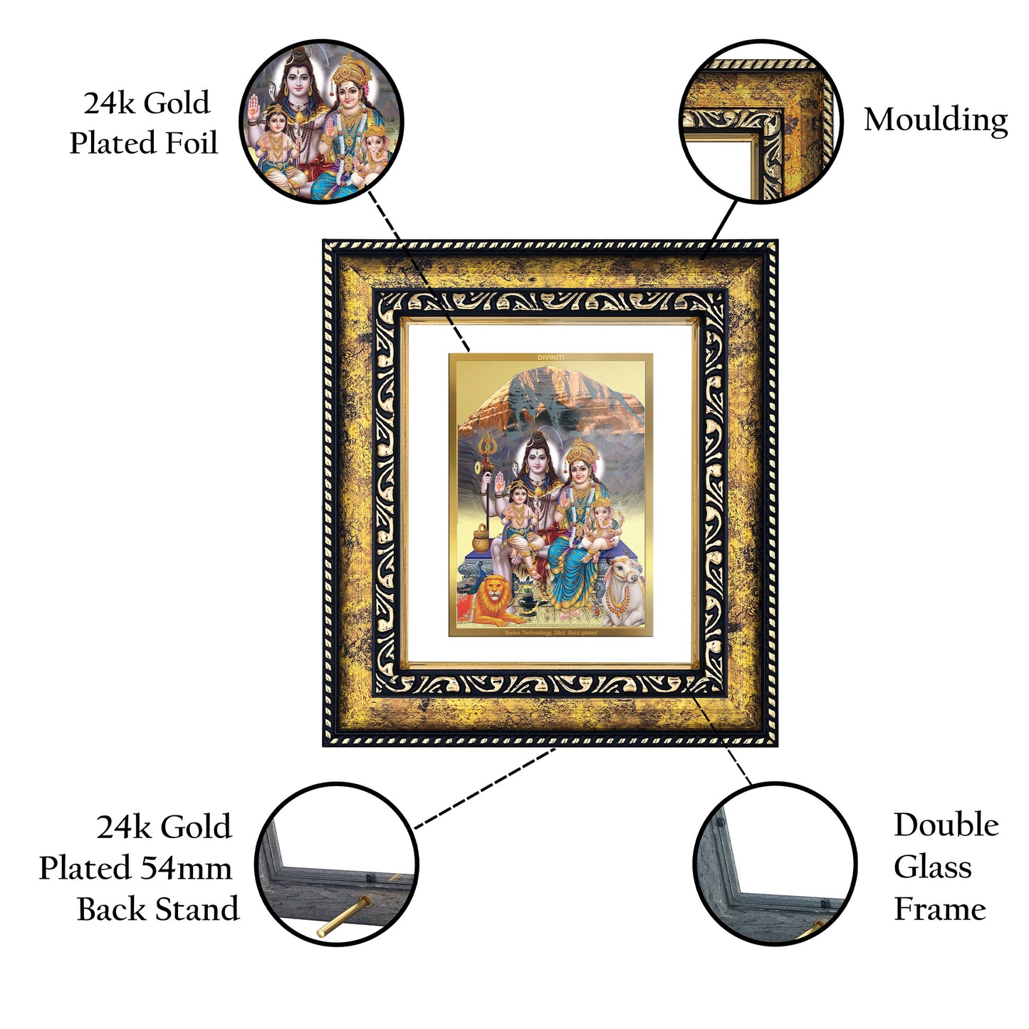 DIVINITI 24K Gold Plated Lord Shiv Parivar Classic Photo Frame Idol for Home & Office Decor, Wall Hanging, Workshop, Table Top, Gift|DG113 Size 2 (22.6x18.4 CM)