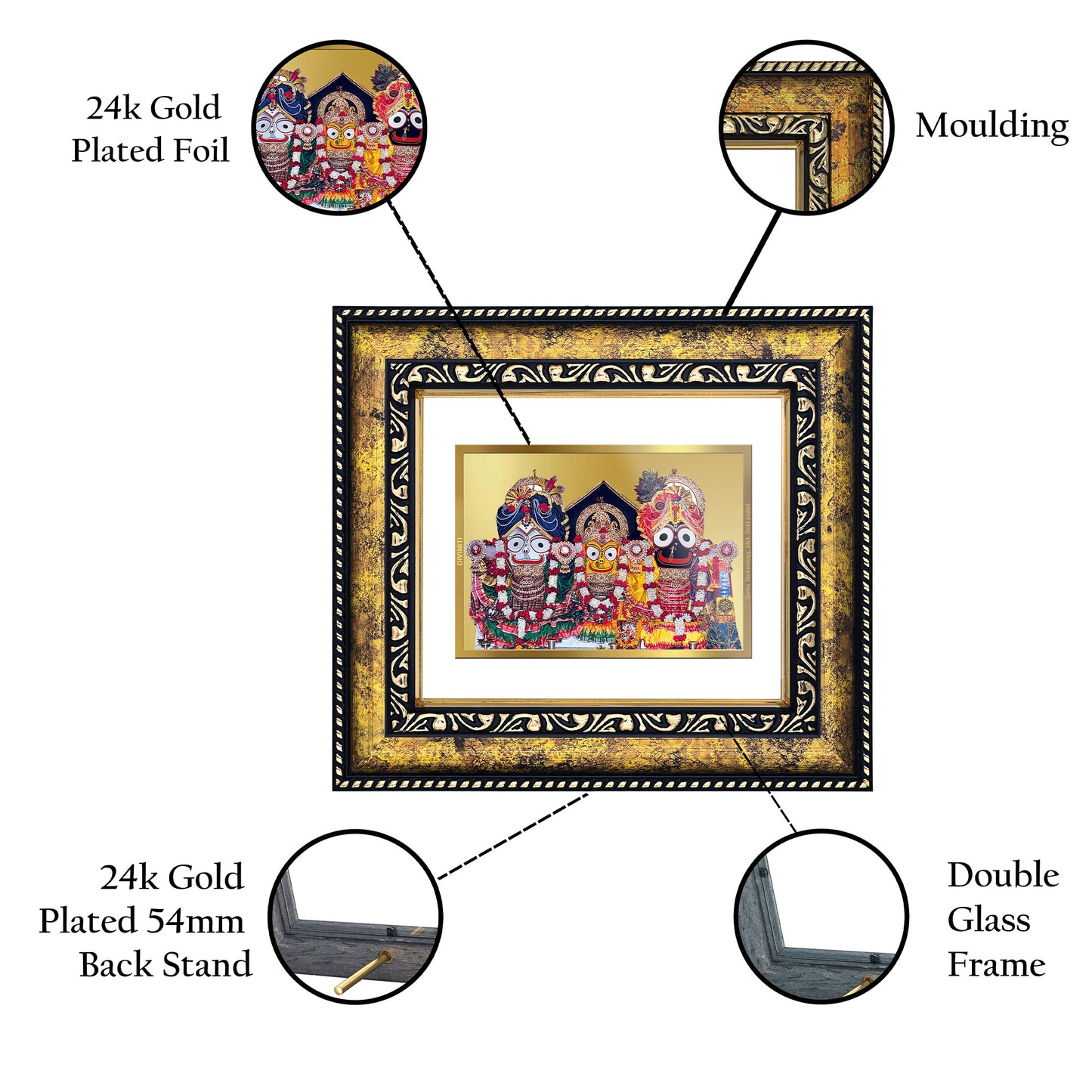 DIVINITI 24K Gold Plated Foil Lord Jagannath Photo Frame for Home Decor, Table Top, Wall Hanging, Workshop, Premium Gift|DG113 Size 2 (22.6x18.4 CM)