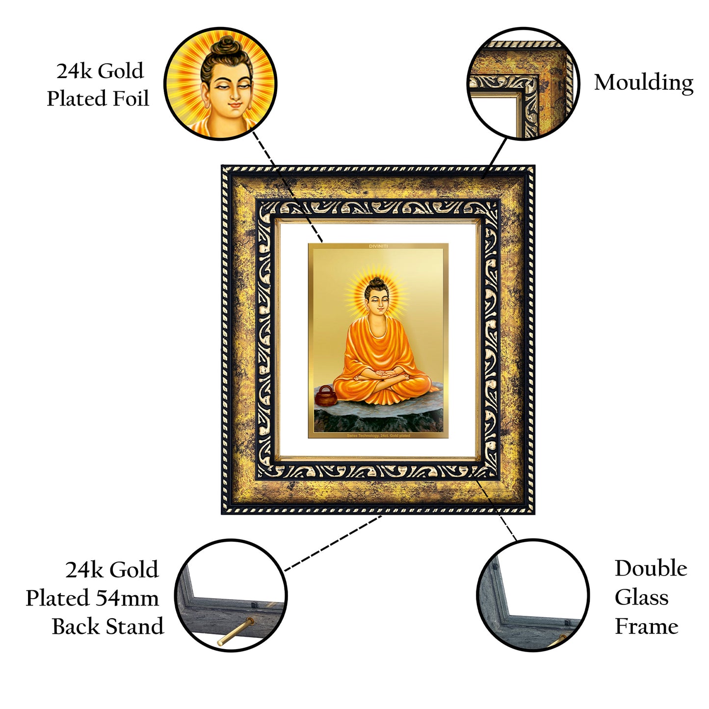 DIVINITI 24K Gold Plated Foil Lord Buddha Elegant Photo Frame for Puja Room, Home Wall Decor, Workshop, Table Top, Premium Gift|DG113 Size 2 (22.6x18.4 CM)