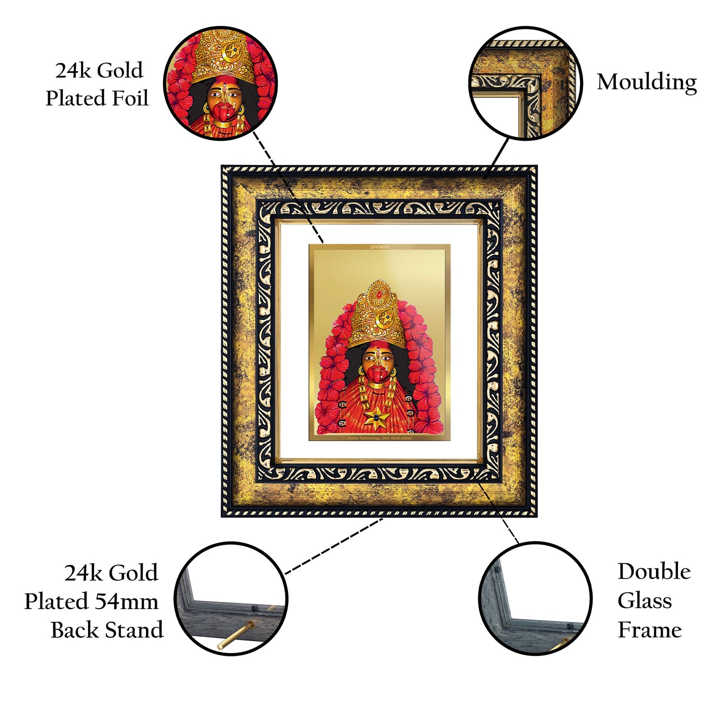 DIVINITI 24K Gold Plated Maa Tara Religious Photo Frame Idol for Home & Office Decor, Wall Hanging, Workshop, Table Top, Gift|DG113 Size 2 (22.6x18.4 CM)