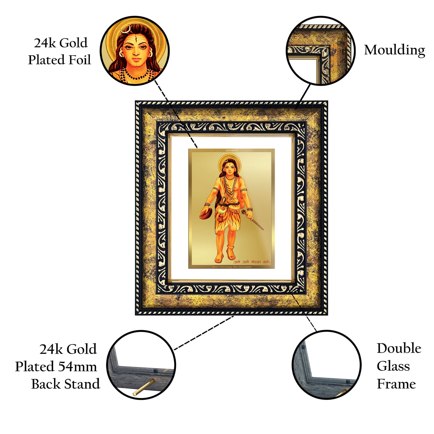 DIVINITI 24K Gold Plated Foil Guru Gorakhnath Photo Frame for Home & Office Decor, Wall Hanging, Workshop, Table Top, Gift|DG113 Size 2 (22.6x18.4 CM)