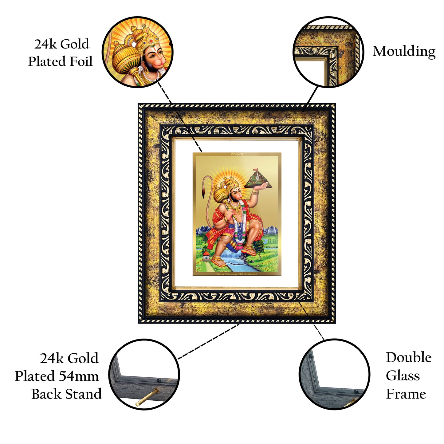 DIVINITI 24K Gold Plated Foil Hanuman With Parvat Photo Frame for Home & Office Decor, Wall Hanging, Workshop, Table Top, Gift|DG113 Size 2 (22.6x18.4 CM)