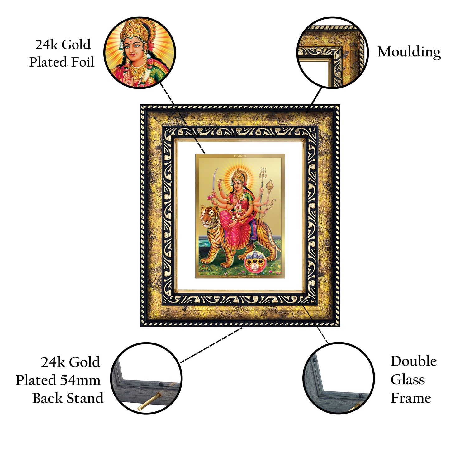 DIVINITI 24K Gold Plated Foil Goddess Durga Photo Frame Idol for Wall Hanging, Table Top, Home Decor, Workshop, Gift Item|DG113 Size 2 (22.6x18.4 CM)