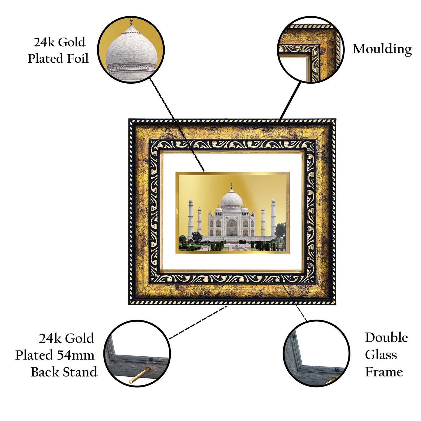 DIVINITI 24K Gold Plated Taj Mahal Elegant Photo Frame Idol for Puja Room, Home Wall Decor, Workshop, Table Top, Premium Gift|DG113 Size 2 (22.6x18.4 CM)