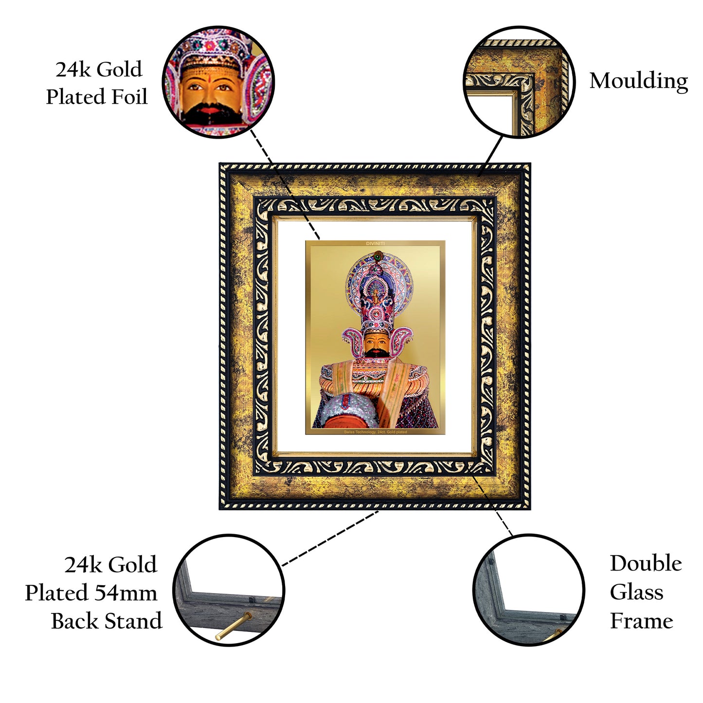 DIVINITI 24K Gold Plated Foil Khatu Shyam Photo Frame for Home Decor, Puja Room, Table Top, Wall Hanging, Workshop, Luxurious Gift|DG113 Size 2 (22.6x18.4 CM)