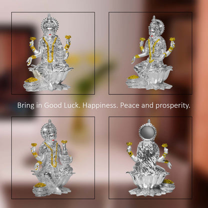 DIVINITI 999 Silver Plated Goddess Lakshmi Mata Idol Statue For Home Decor Showpiece, Table Top, Workshop, Office Desk (17x12 CM)