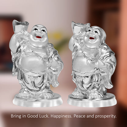 DIVINITI 999 Silver Plated Laughing Buddha Statue For Home Decor, Living Room, Office Desk, Gift (10x6.5 CM)