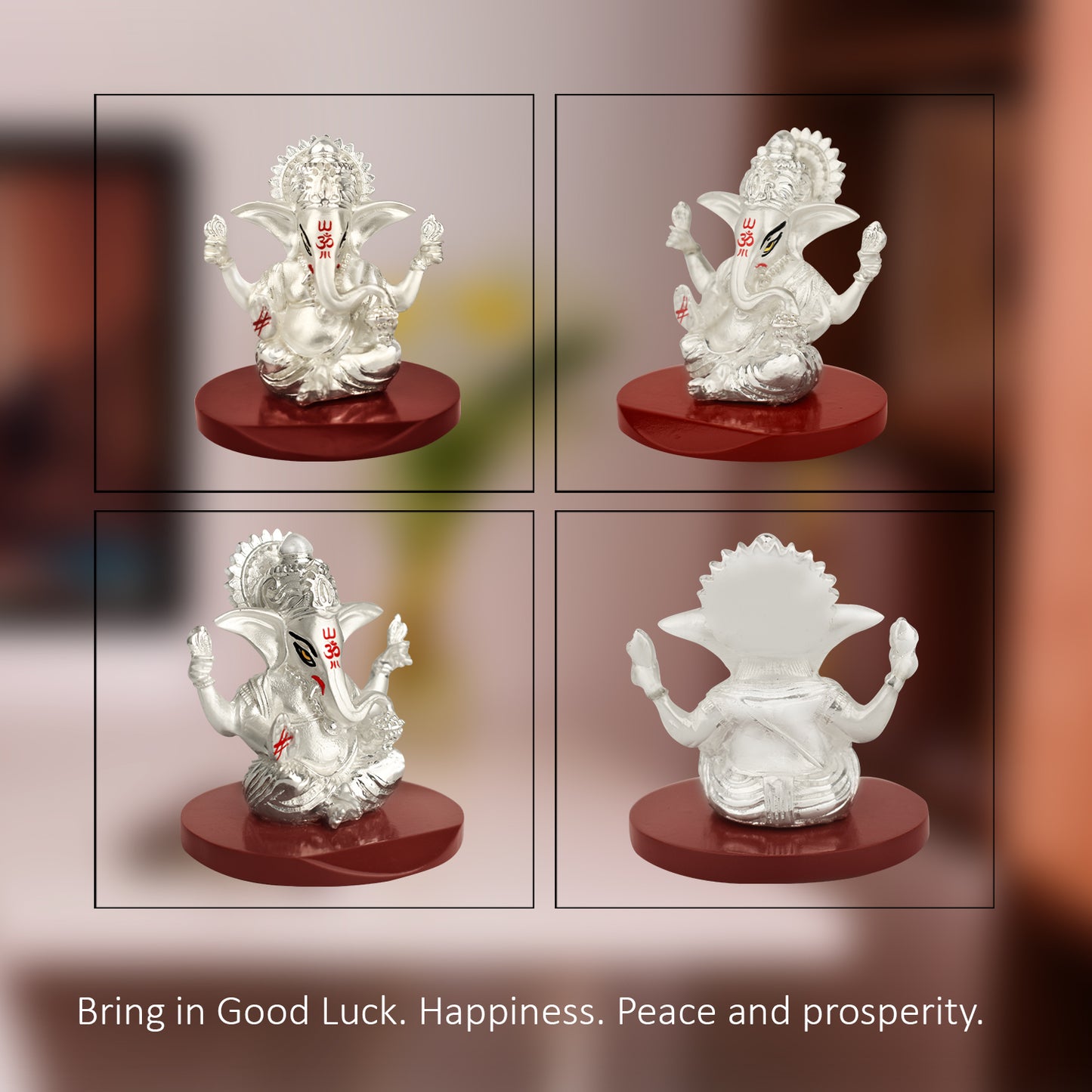 Diviniti 999 Silver Plated Four Hand Lord Ganesha Statue Idol For Car Dashboard, Home Decor, Tabletop, Puja Room and Luxury Gift (7.5x6 CM)