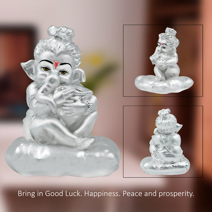 Diviniti Elegant 999 Silver Plated Lord Bal Ganesha Idol Statue Perfect For Home Decor Showpiece and Spiritual Worship (8.5x6 CM)