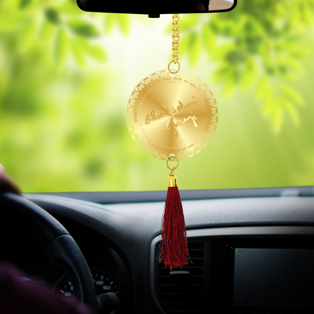 Diviniti 24K Gold Plated Double Sided Guruji Car Dangler| 6 CM Guruji Hanging Car Decor| Luxurious 24K Gold Plated Dangler For Car| Divine Car Accessories For Positive Energy & Protection