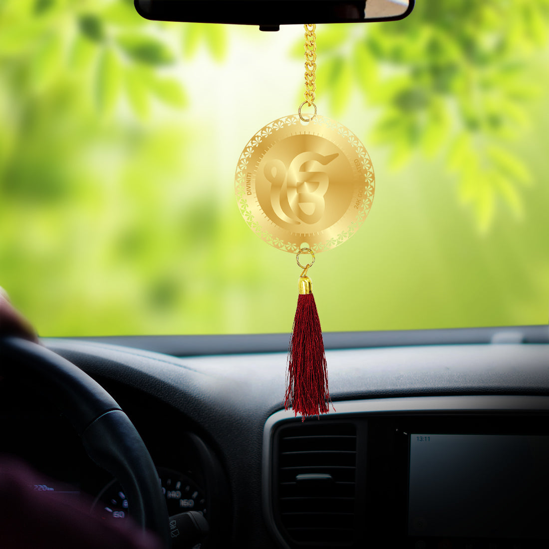 Diviniti 24K Gold Plated Double Sided Khanda Sahib & Ek Omkar Car Dangler|6 CM Khanda Sahib Hanging Car Decor|Luxurious Dangler For Car|Divine Car Accessories For Positive Energy & Protection