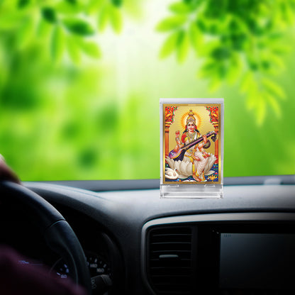 Diviniti 24K Gold Plated Goddess Saraswati Mata Frame For Car Dashboard, Home Decor Showpiece, Puja Room (11 x 6.8 CM)