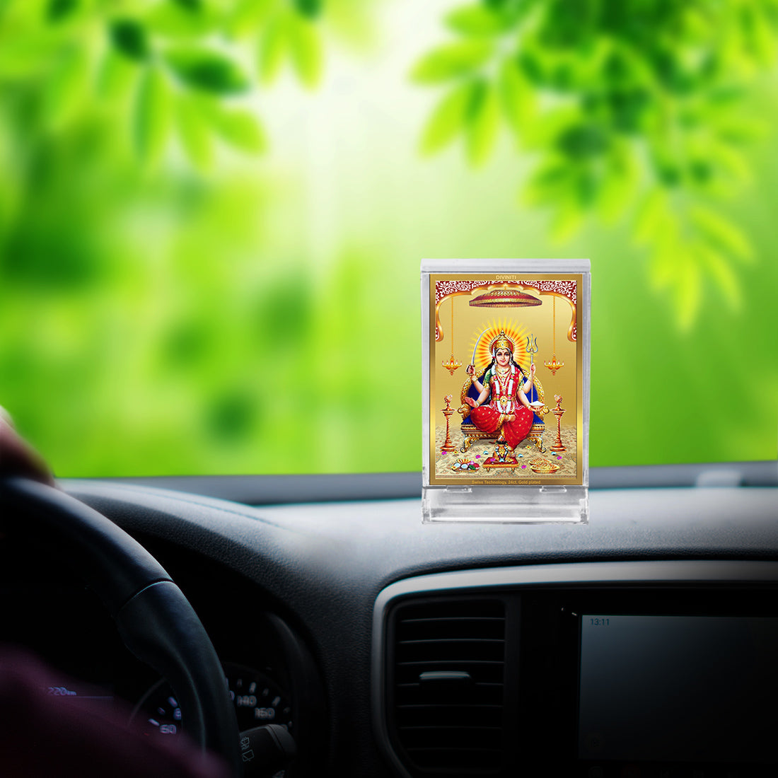 Diviniti 24K Gold Plated Santoshi Mata Frame For Car Dashboard, Home Decor, Puja Room, Worship, Gift (11 x 6.8 CM)