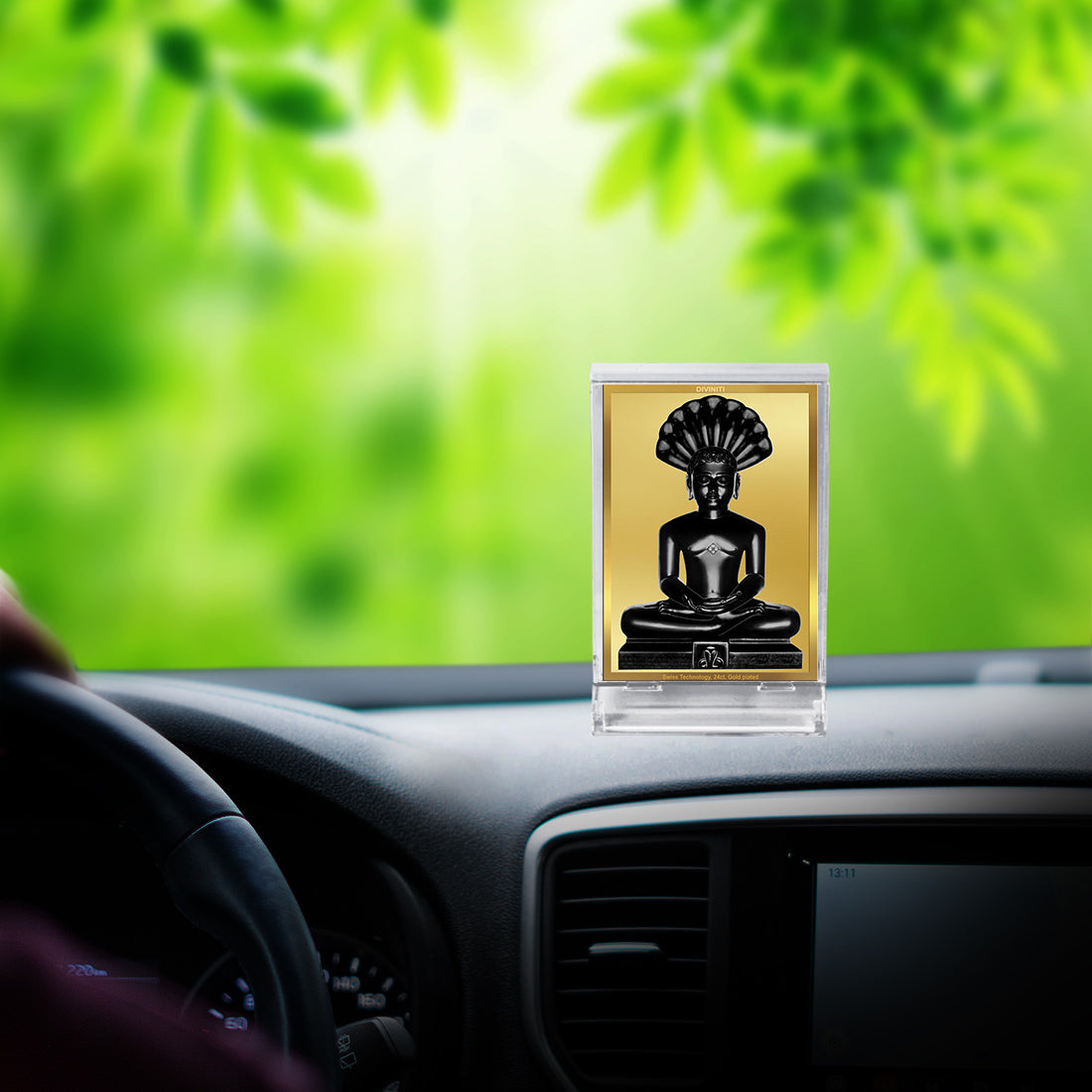 Diviniti 24K Gold Plated Parshvanatha Frame For Car Dashboard, Home Decor, Festival Gift (11 x 6.8 CM)