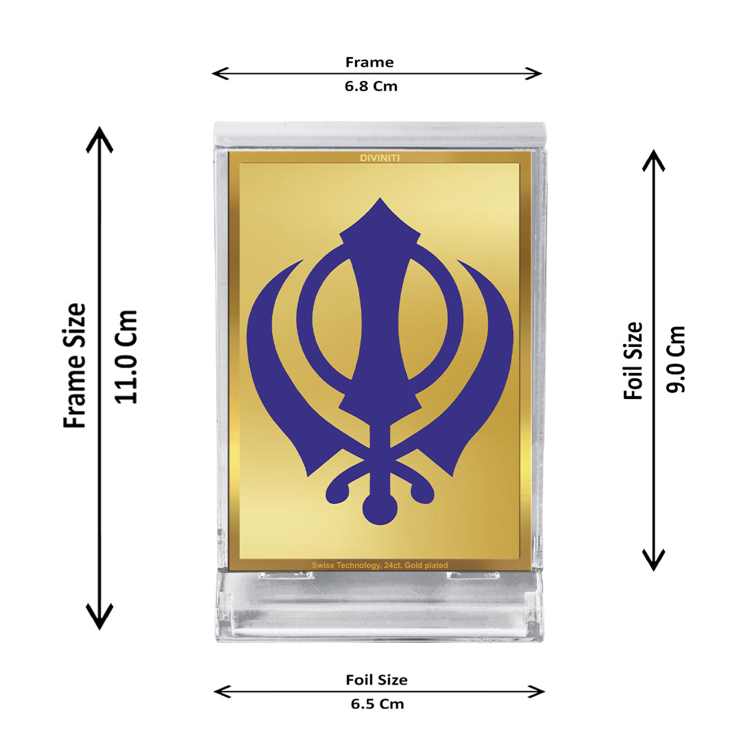 Diviniti 24K Gold Plated Khanda Sahib Frame For Car Dashboard, Home Decor, Table Top (11 x 6.8 CM)