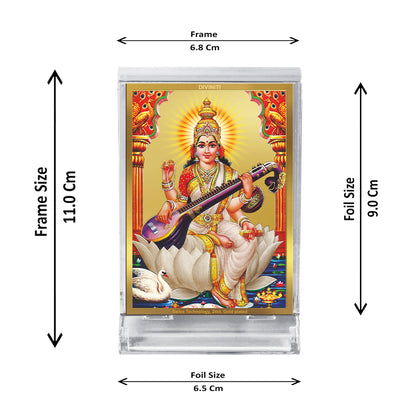 Diviniti 24K Gold Plated Goddess Saraswati Mata Frame For Car Dashboard, Home Decor Showpiece, Puja Room (11 x 6.8 CM)