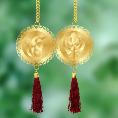 Diviniti 24K Gold Plated Double Sided Khanda Sahib & Ek Omkar Car Dangler|6 CM Khanda Sahib Hanging Car Decor|Luxurious Dangler For Car|Divine Car Accessories For Positive Energy & Protection