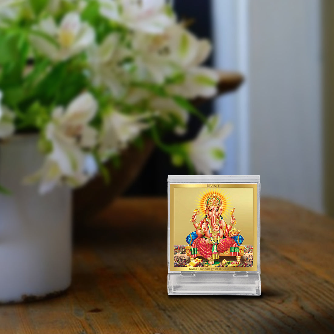 Diviniti 24K Gold Plated Ganesha Acrylic Frame for Car Dashboard, Home Decor, Tabletop, Ganapati Puja Room, Festival Gift ACF3A (5.8x4.8 CM)