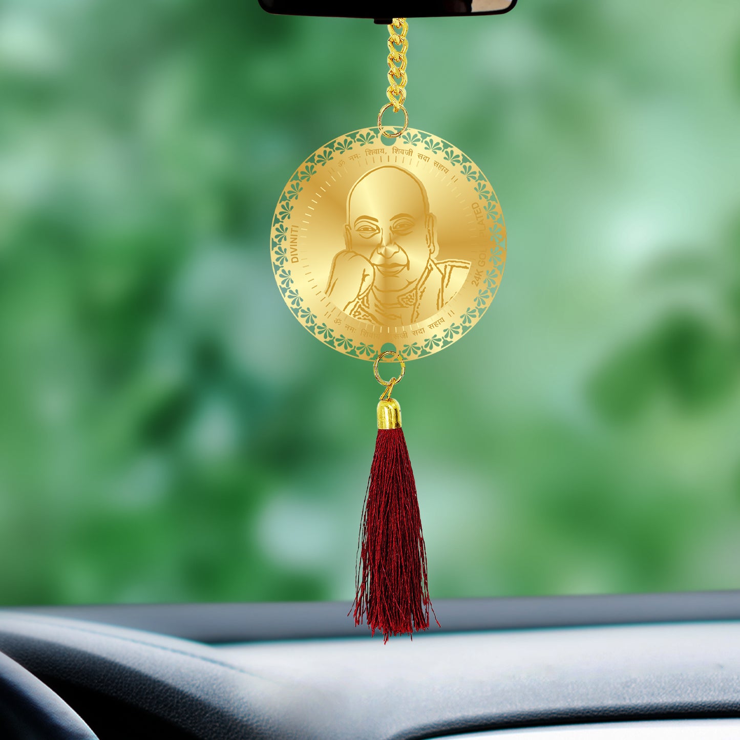 Diviniti 24K Gold Plated Double Sided Guruji Car Dangler| 6 CM Guruji Hanging Car Decor| Luxurious 24K Gold Plated Dangler For Car| Divine Car Accessories For Positive Energy & Protection