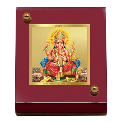 Diviniti 24K Gold Plated Lord Ganesha Frame For Car Dashboard, Home Decor, Office Table and Puja (6.5 x 5.5 CM)