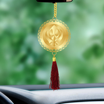 Diviniti 24K Gold Plated Double Sided Khanda Sahib & Ek Omkar Car Dangler|6 CM Khanda Sahib Hanging Car Decor|Luxurious Dangler For Car|Divine Car Accessories For Positive Energy & Protection