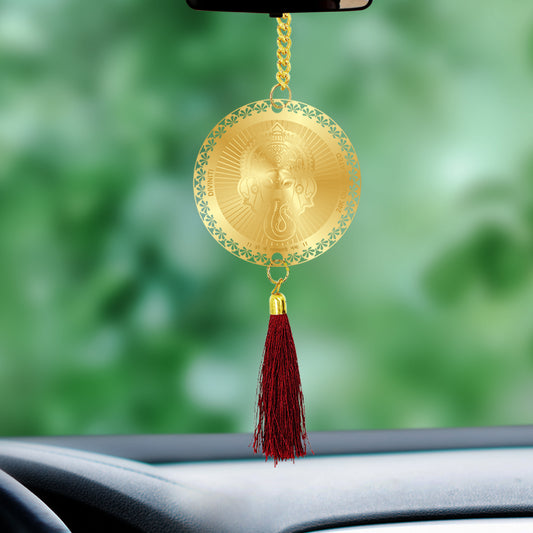 Diviniti 24K Gold Plated Double Sided Ganesha & Yantra Car Dangler|6 CM Ganesha Hanging Car Decor|Luxurious 24K Gold Plated Dangler For Car|Divine Car Accessories For Positive Energy & Protection