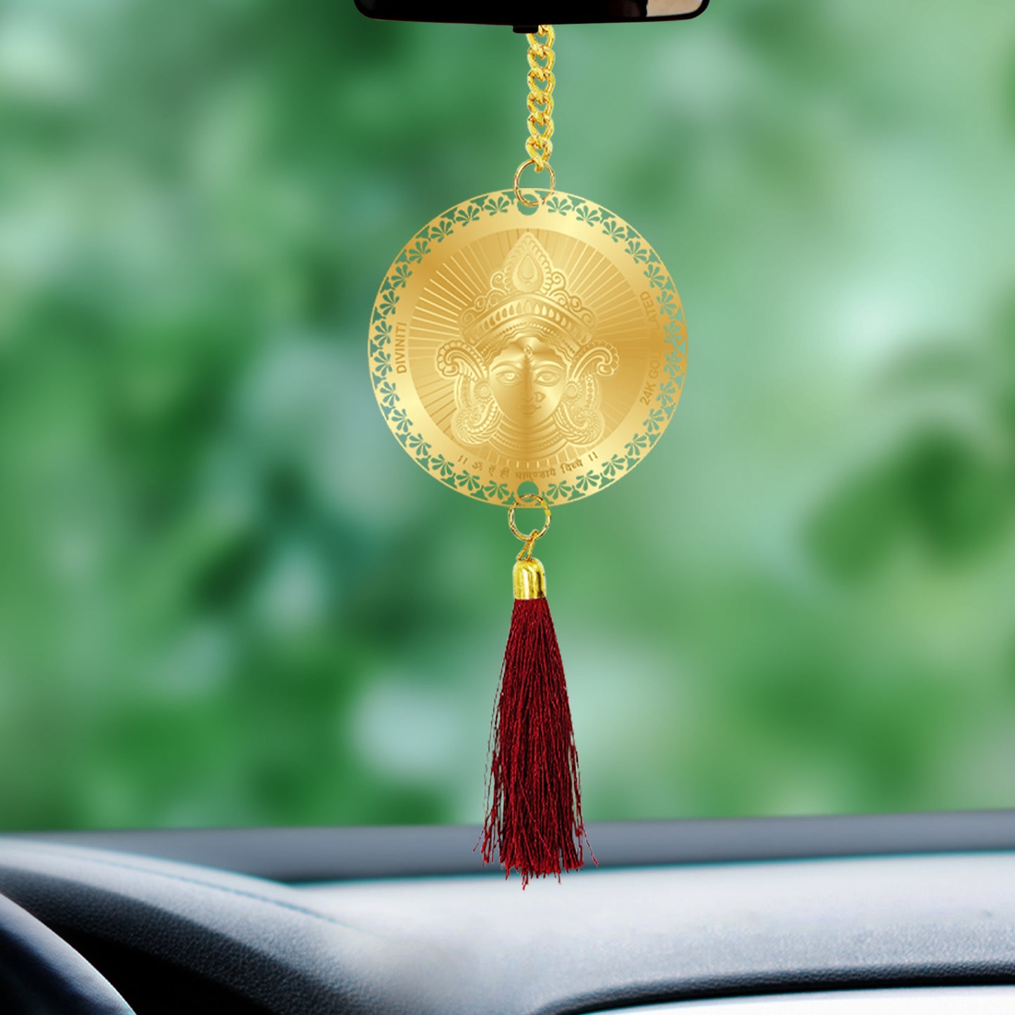 Diviniti 24K Gold Plated Double Sided Goddess Durga & Yantra Car Dangler|6 CM Durga Mata Hanging Car Decor|Luxurious 24K Gold Plated Dangler For Car|Divine Car Accessories For Positive Energy