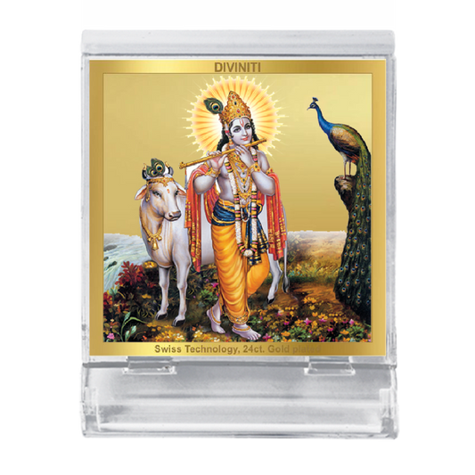 Diviniti 24K Gold Plated Krishna Acrylic Frame for Car Dashboard, Home Decor, Tabletop, Puja Room, Festival Gift ACF3A (5.8x4.8 CM)