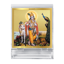 Load image into Gallery viewer, Diviniti 24K Gold Plated Lord Krishna with Cow Frame For Car Dashboard, Home Decor, Tabletop, Puja, Gift (5.8 x 4.8 CM)
