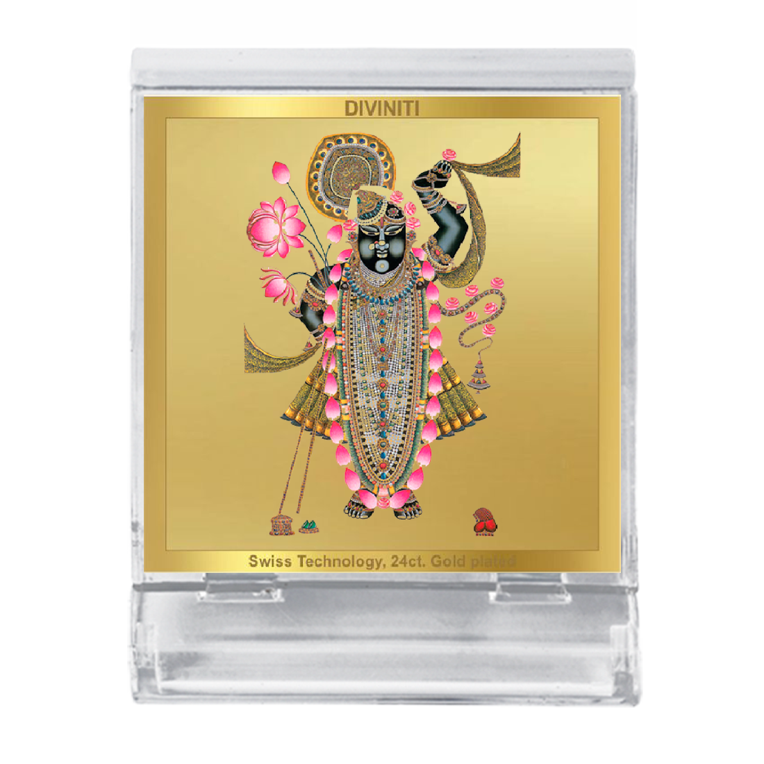 Diviniti 24K Gold Plated Shrinathji Acrylic Frame for Car Dashboard, Home Decor, Tabletop, Puja Room, Festival Gift ACF3A (5.8x4.8 CM)