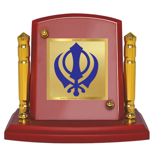 Diviniti 24K Gold Plated Khanda Sahib Photo Frame for Car Dashboard, Home Decor, Tabletop, Puja Room, Showpiece and Gift  MDF1BP+ (6.5x5.5 CM)