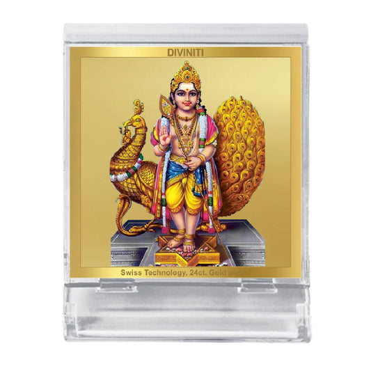 Diviniti 24K Gold Plated Karthikey Acrylic Frame for Car Dashboard, Home Decor, Tabletop, Puja Room, Festival Gift ACF3A (5.8x4.8 CM)