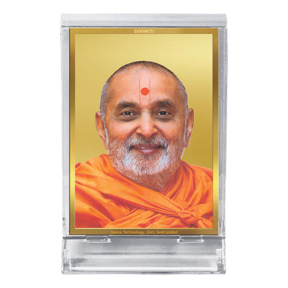 Diviniti 24K Gold Plated Pramukh Swami Frame For Car Dashboard, Home Decor, Table Top, Gift (11 x 6.8 CM)