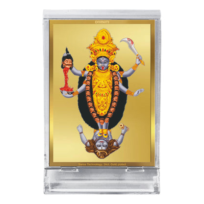 Diviniti 24K Gold Plated Maa Kali Frame For Car Dashboard, Home Decor, Tabletop, Puja and Gift (11 x 6.8 CM)