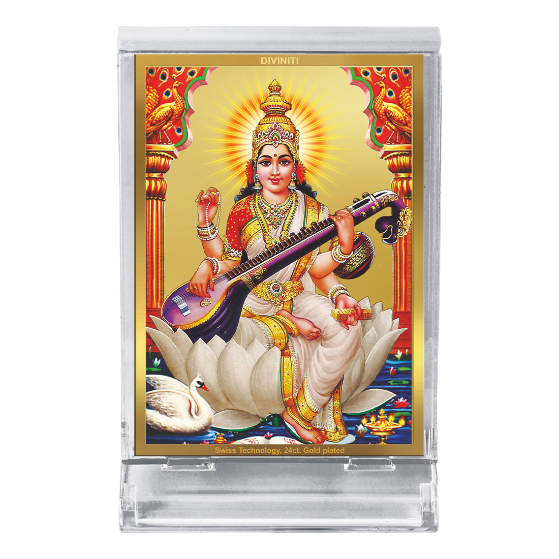 Diviniti 24K Gold Plated Goddess Saraswati Mata Frame For Car Dashboard, Home Decor Showpiece, Puja Room (11 x 6.8 CM)