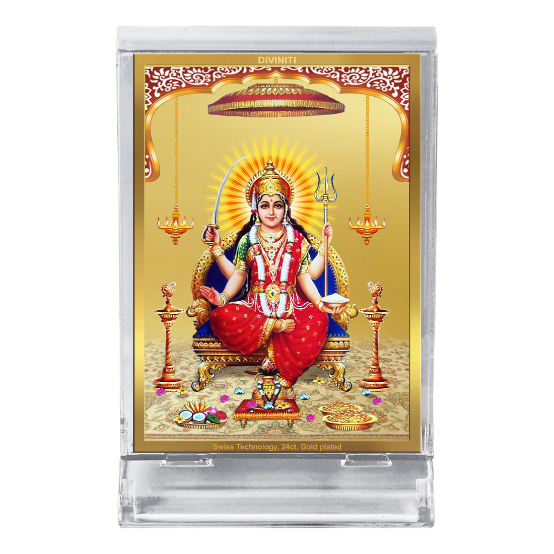 Diviniti 24K Gold Plated Santoshi Mata Frame For Car Dashboard, Home Decor, Puja Room, Worship, Gift (11 x 6.8 CM)