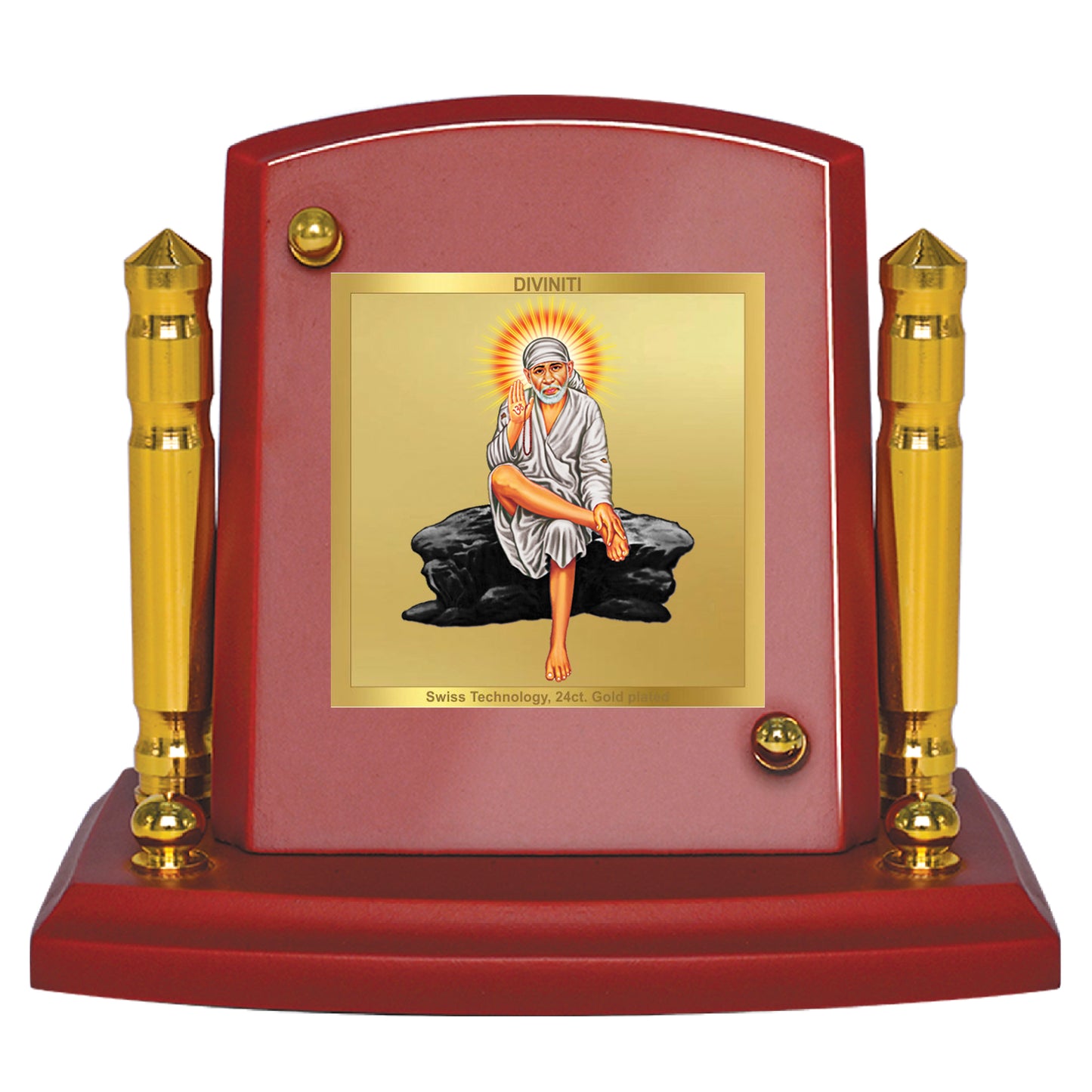 Diviniti 24K Gold Plated Sai Baba Photo Frame for Car Dashboard, Home Decor, Tabletop, Puja Room, Showpiece and Gift  MDF1BP+ (6.5x5.5 CM)