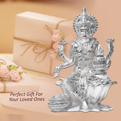 Diviniti Lakshmi Idol for Home Decor| 999 Silver Plated Sculpture of Lakshmi on Lotus| Idol for Home, Office, Temple & Table Decoration| Religious Idol For Prayer, Gift