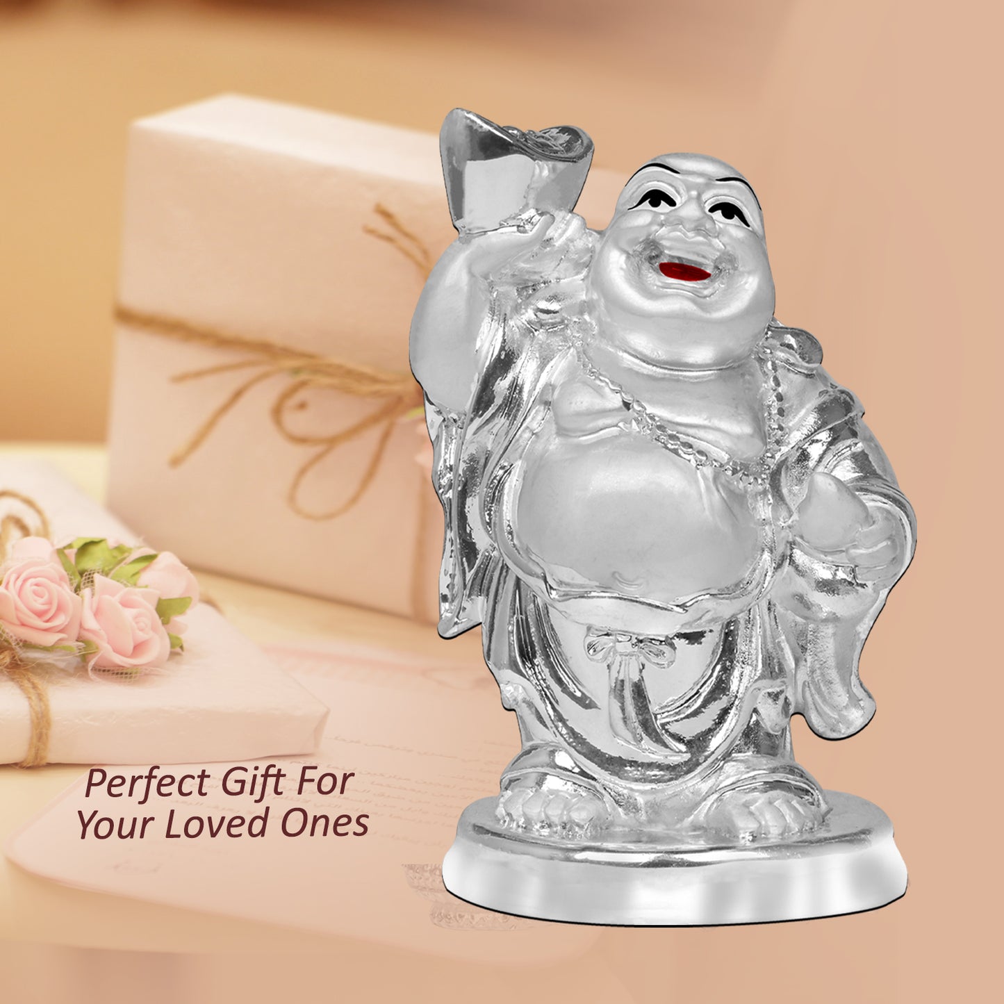 DIVINITI 999 Silver Plated Laughing Buddha Statue For Home Decor, Living Room, Office Desk, Gift (10x6.5 CM)