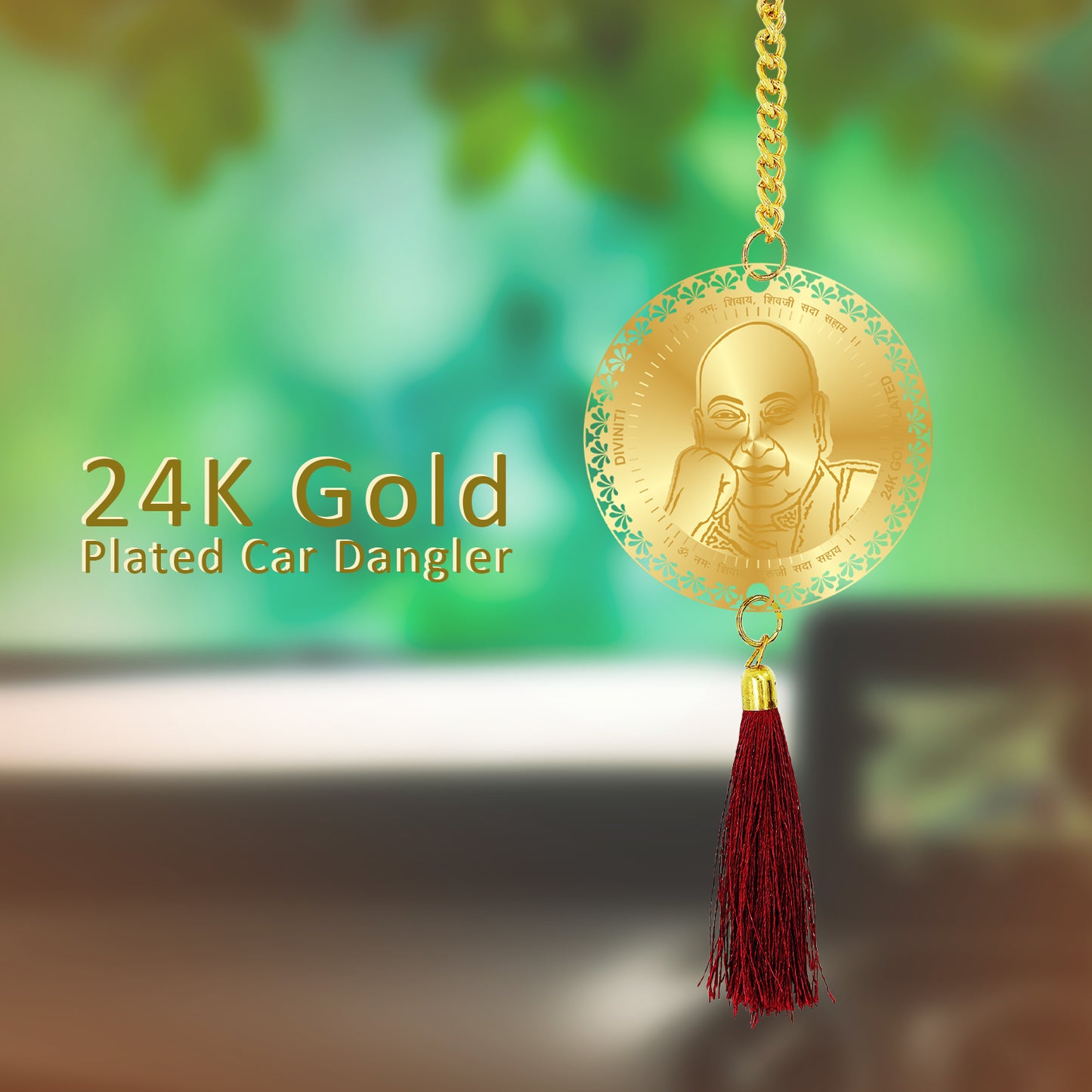 Diviniti 24K Gold Plated Double Sided Guruji Car Dangler| 6 CM Guruji Hanging Car Decor| Luxurious 24K Gold Plated Dangler For Car| Divine Car Accessories For Positive Energy & Protection