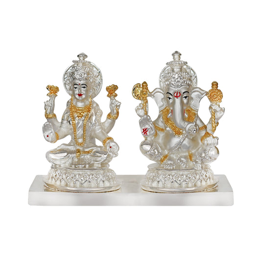 DIVINITI 999 Silver Plated Goddess Lakshmi and Lord Ganesha Statue Idol For Home Decor, Tabletop, Workshop, Puja Room, Luxury Gift (11.5x14 CM)