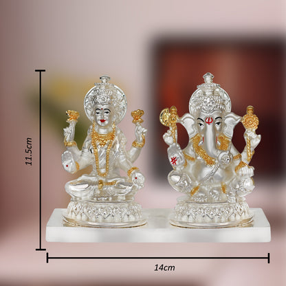 DIVINITI 999 Silver Plated Goddess Lakshmi and Lord Ganesha Statue Idol For Home Decor, Tabletop, Workshop, Puja Room, Luxury Gift (11.5x14 CM)