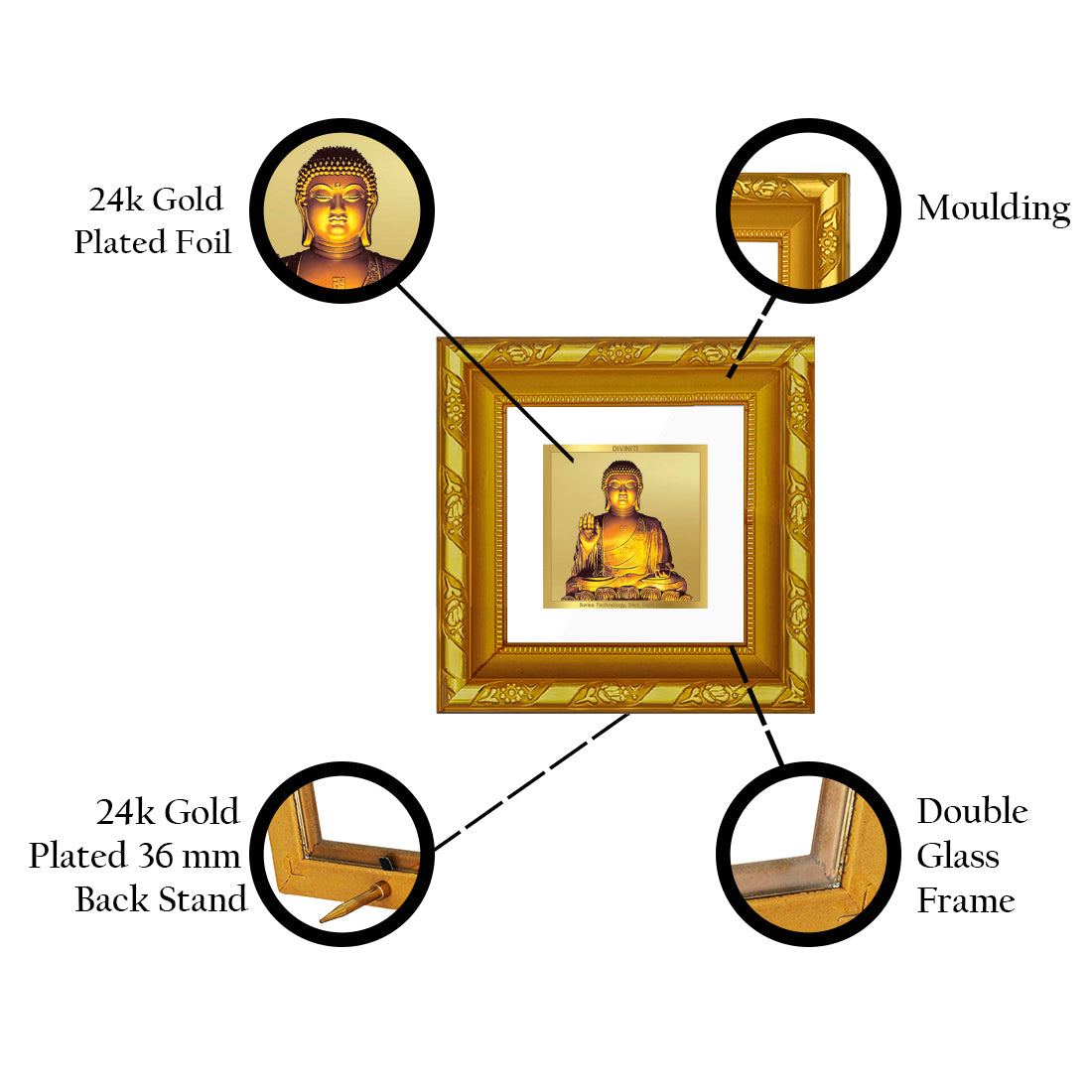 DIVINITI 24K Gold Plated Foil Lord Buddha Wooden Wall Photo Frame Idol for Meritnation, Puja Room, Home Decor, Table Top, Gifts | DG103S1A (10x10 CM)