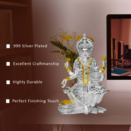 DIVINITI 999 Silver Plated Goddess Lakshmi Mata Idol Statue For Home Decor Showpiece, Table Top, Workshop, Office Desk (17x12 CM)