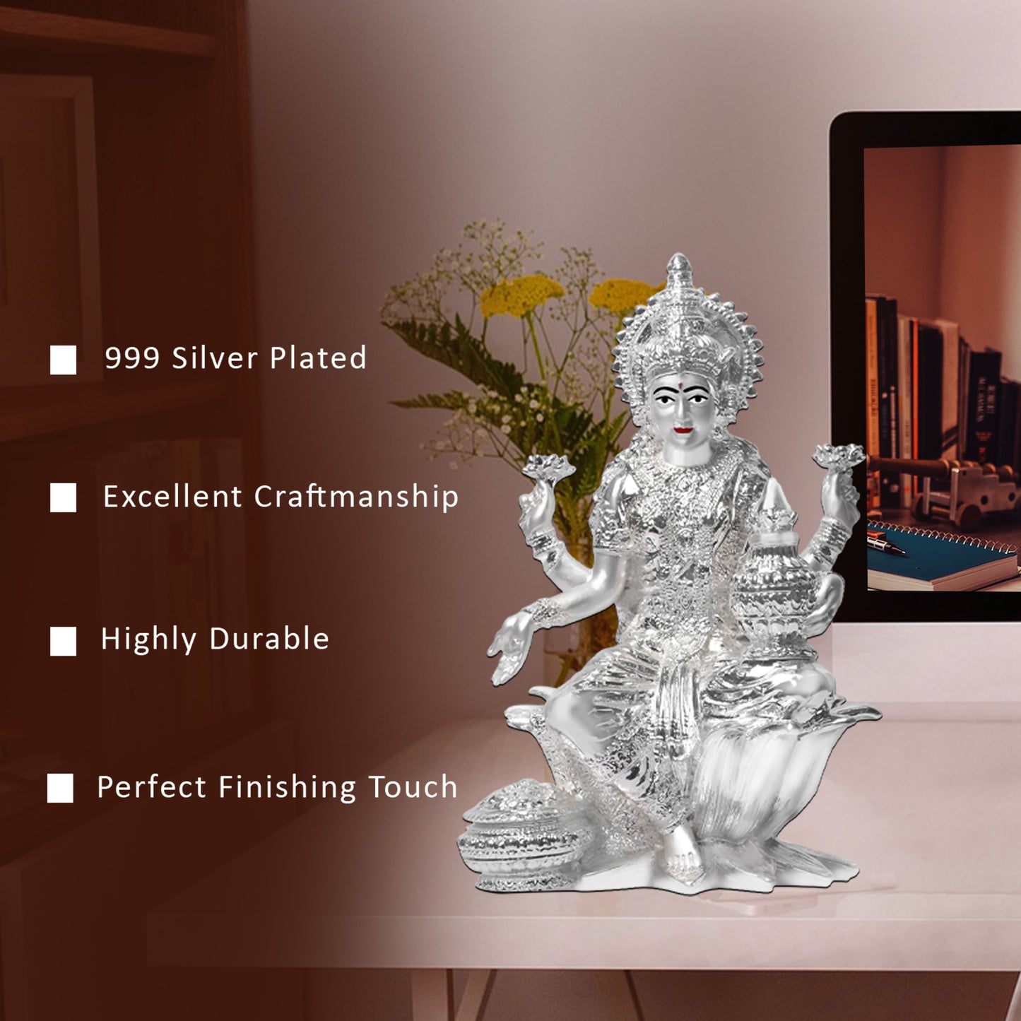 Diviniti Lakshmi Idol for Home Decor| 999 Silver Plated Sculpture of Lakshmi on Lotus| Idol for Home, Office, Temple & Table Decoration| Religious Idol For Prayer, Gift