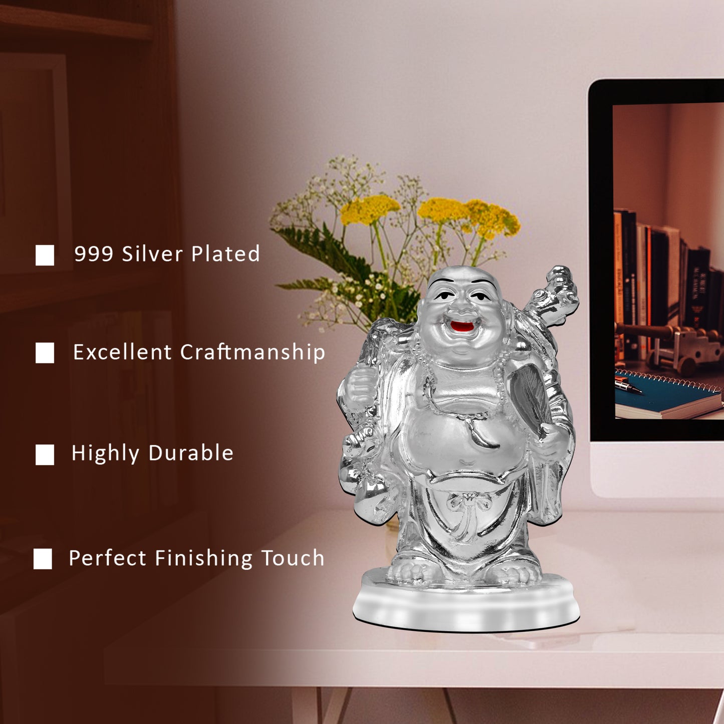 DIVINITI 999 Silver Plated Laughing Buddha Statue For Home Decor, Office Desk, Table Top & Gift (10x7 CM)