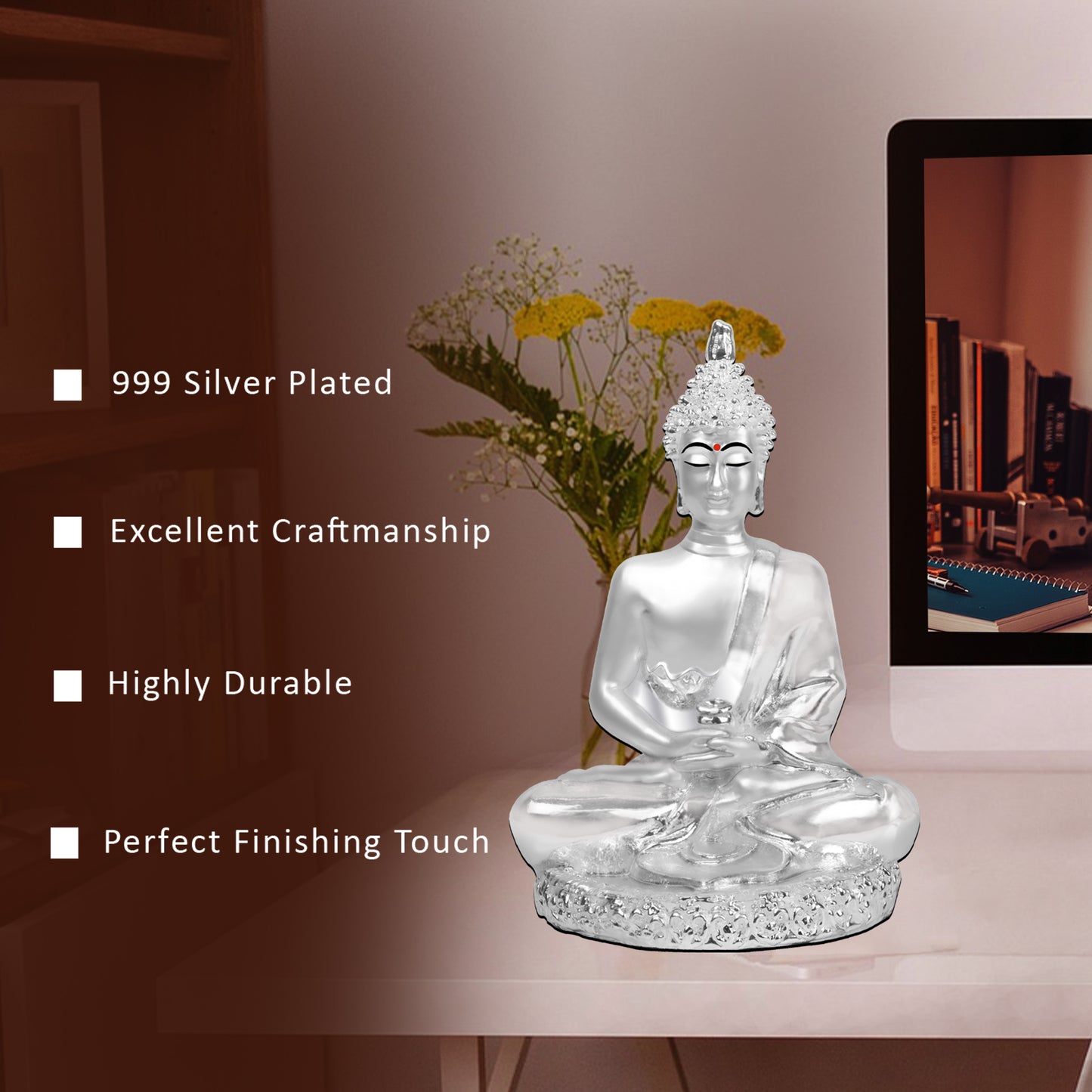 Diviniti 999 Silver Plated Buddha Idol for Home Decor Showpiece (8 X 6 CM)