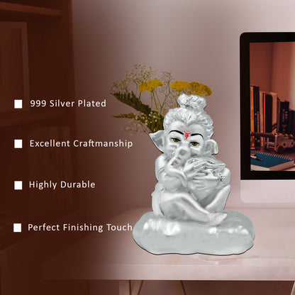 Diviniti Elegant 999 Silver Plated Lord Bal Ganesha Idol Statue Perfect For Home Decor Showpiece and Spiritual Worship (8.5x6 CM)